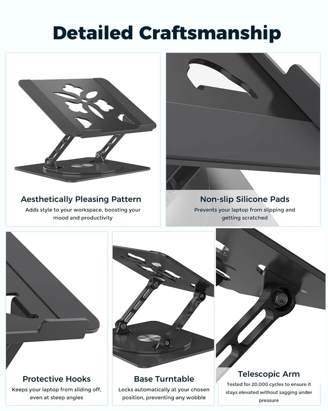 Alt view image 7 of 7 - 360° Rotating Laptop Stand for Desk Adjustable, Foldable, Portable Aluminum Ergonomic Riser Compatible with MacBook, Dell, HP & All Laptops 10-16 inch Black