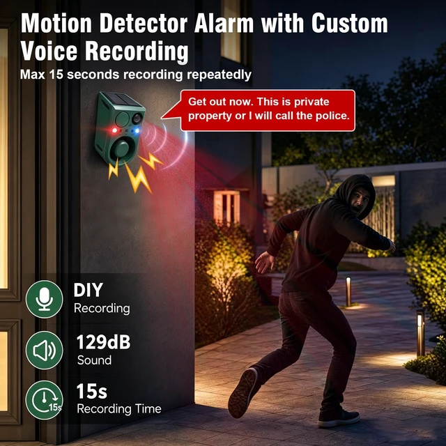 Alt view image 3 of 7 - Solar Outdoor Motion Sensor Alarm with Dog Barking Alarm Sound, Support Recording and Adjustable Volume, 130db Loud Noise Maker 3 Work Modes Strobe Light for Home, Villa, Farm, Barn 2pack