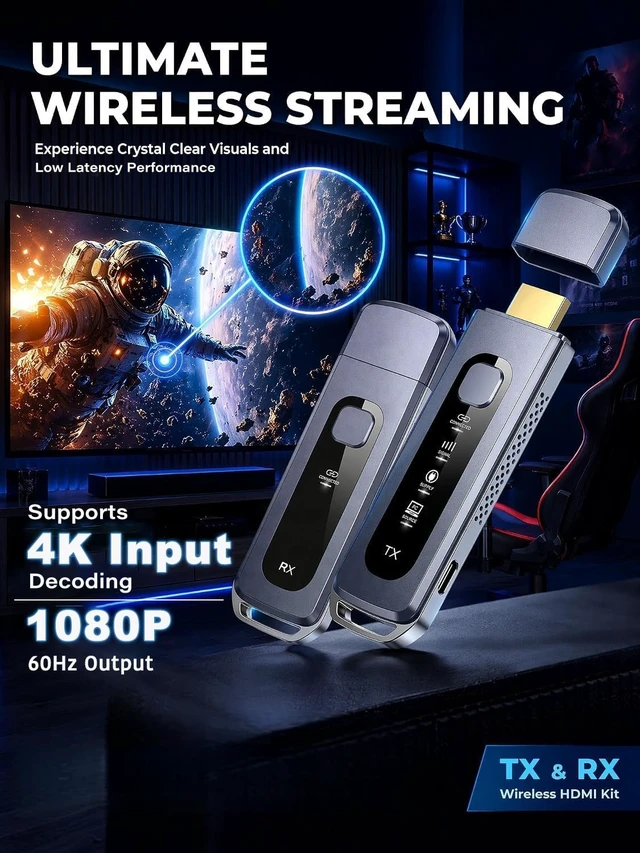 Alt view image 2 of 7 - Wireless HDMI Transmitter and Receiver 328FT/100M Extender Plug & Play | 4K Decode input,1080P@60Hz Video Output 5G+2.4G Dual-Band with LDS laser antenna Audio to Monitor from PC/Projector/TV Box
