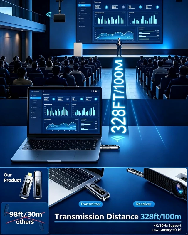 Alt view image 3 of 7 - Wireless HDMI Transmitter and Receiver 328FT/100M Extender Plug & Play | 4K Decode input,1080P@60Hz Video Output 5G+2.4G Dual-Band with LDS laser antenna Audio to Monitor from PC/Projector/TV Box