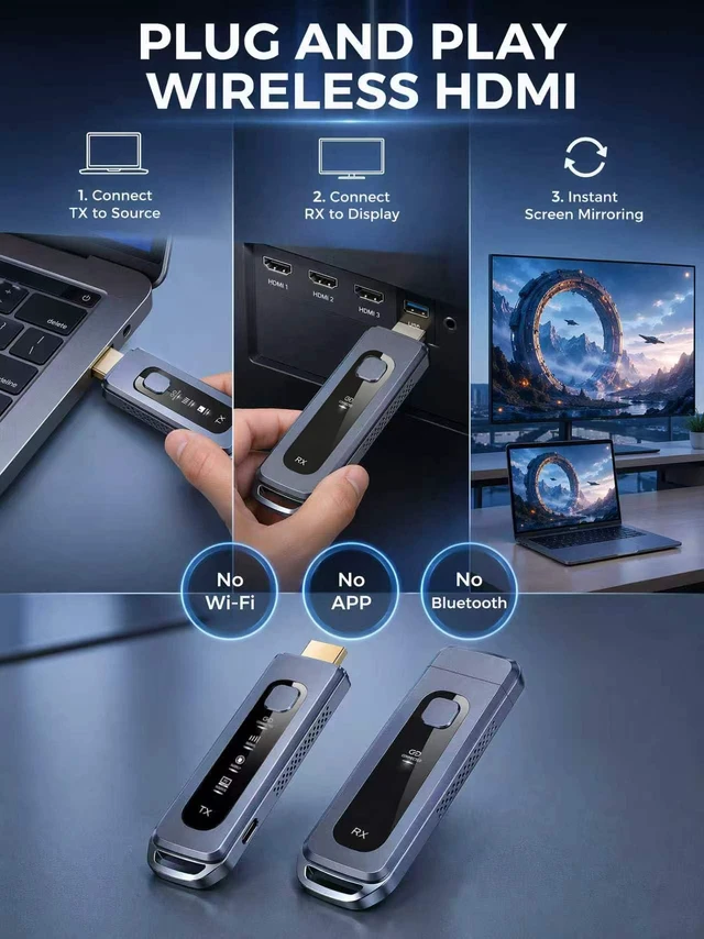 Alt view image 4 of 7 - Wireless HDMI Transmitter and Receiver 328FT/100M Extender Plug & Play | 4K Decode input,1080P@60Hz Video Output 5G+2.4G Dual-Band with LDS laser antenna Audio to Monitor from PC/Projector/TV Box