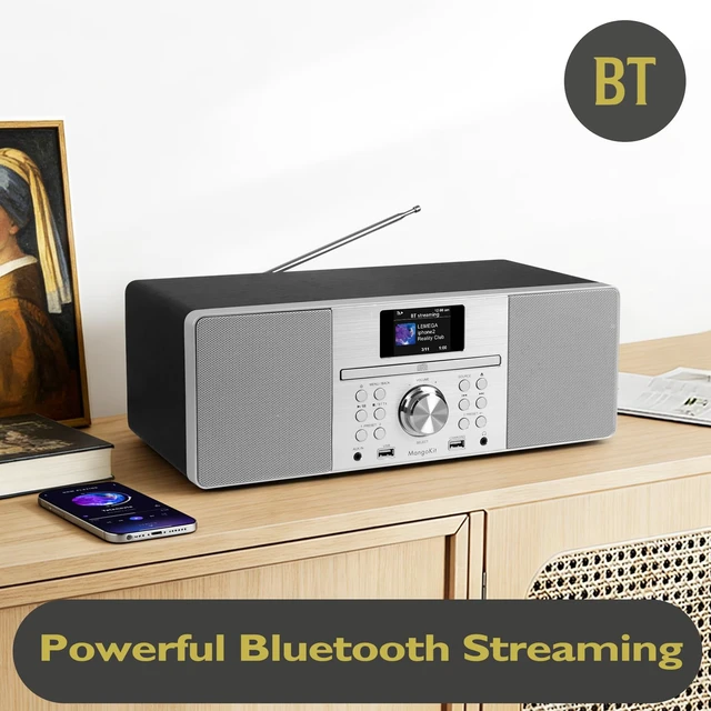 Alt view image 3 of 6 - MSY1P CD Player, FM, Bluetooth, Powerful Stereo HiFi, Black Full colour display, 60 presets, remote control, acoustic wooden cabinet, headphone jack, USB, AUX-in, dual alarms clock