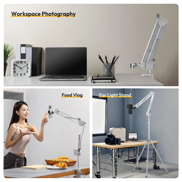 Alt view image 5 of 7 - TH04 Overhead Camera Mount with Magic Arm and 1/4" Ball Head, 360° Rotatable Camera Desk Mount, Desk Tripod with Uka Quick Release Setup for DSLR Cameras/Webcam/iPhone/Ring Light/Microphone