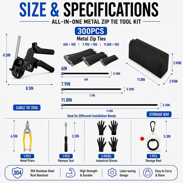Alt view image 2 of 7 - 300PCS Cable Tie Gun Kit, 100 Each, 6/8/12" Black Metal Zip Ties Heavy Duty & UV Resistant, 200lbs Tensile Strength, Adjustable Cutting Tool for Fencing, Exhaust Wrap & Automotive