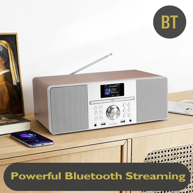 Alt view image 3 of 6 - MSY1P CD Player, FM, Bluetooth, Powerful Stereo HiFi, Walnut Full colour display, 60 presets, remote control, acoustic wooden cabinet, headphone jack, USB, AUX-in, dual alarms clock
