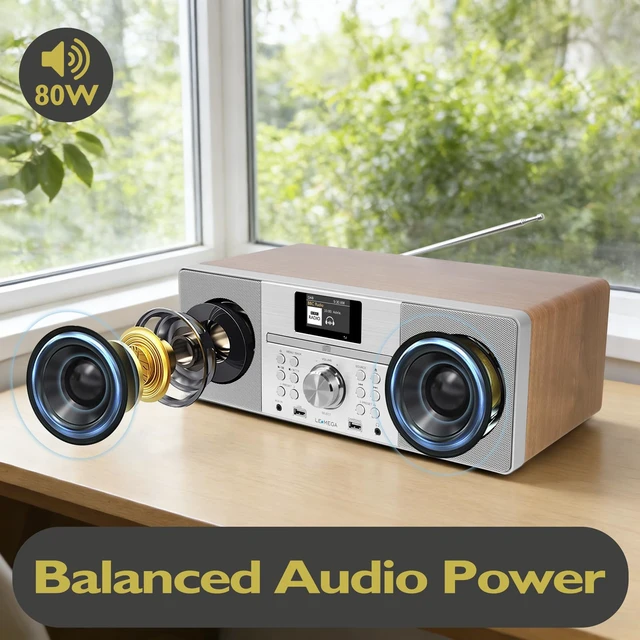 Alt view image 4 of 6 - MSY1P CD Player, FM, Bluetooth, Powerful Stereo HiFi, Walnut Full colour display, 60 presets, remote control, acoustic wooden cabinet, headphone jack, USB, AUX-in, dual alarms clock