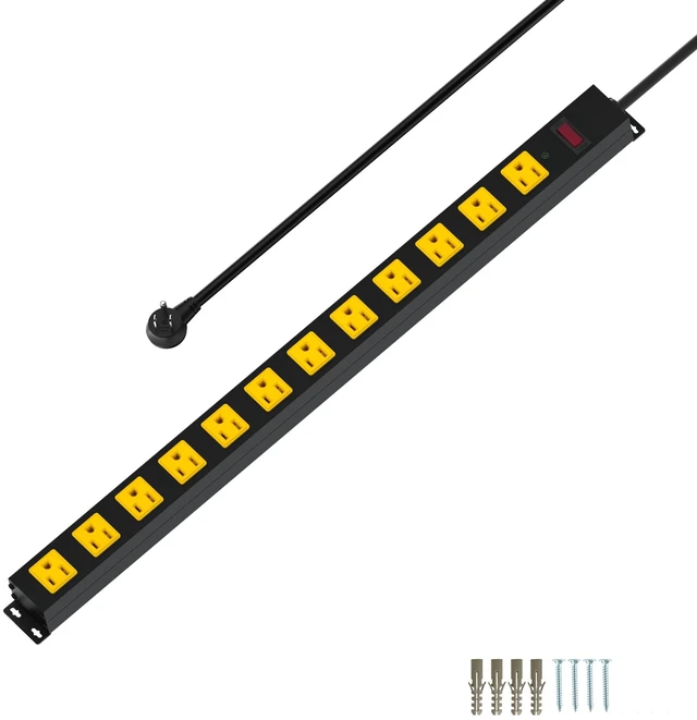 Main image of Metal 12 Outlet Mountable Power Strip, 2100J Surge Protector with Heavy Duty 15ft Extension Cord, Wide Spaced and Wall Mount Metal Powerstrip for Garage, Desk, Industrial, Shop and Indoor (15ft)