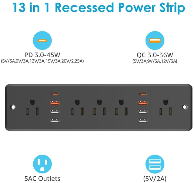 Alt view image 2 of 7 - 13 in 1 Recessed Power Strip Flat Plug, with USB, Black, 6FT Cord 45W Fast Charging Furniture Outlet, Conference Surge Protection Socket with 5 AC Plugs, 6 USB-A 2 USB-C