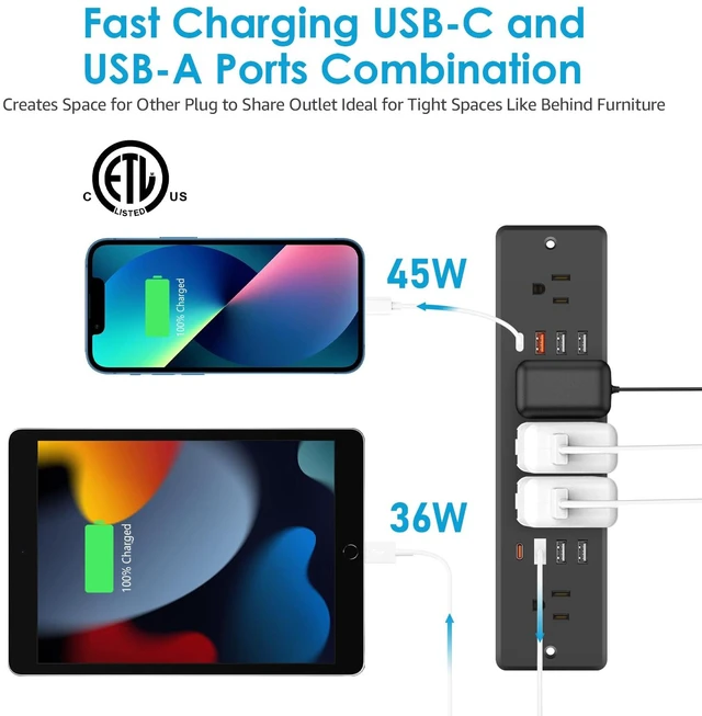 Alt view image 5 of 7 - 13 in 1 Recessed Power Strip Flat Plug, with USB, Black, 6FT Cord 45W Fast Charging Furniture Outlet, Conference Surge Protection Socket with 5 AC Plugs, 6 USB-A 2 USB-C