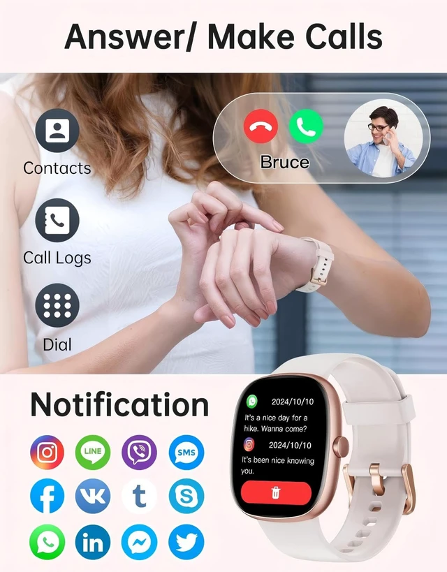 Alt view image 3 of 7 - Smart Watch for Women Men, Bluetooth Call, for iPhone/Android Cream 1.85" HD, Fitness Tracker Watch, Heart Rate/Sleep/Stress Monitor, Step/Calories Counter, 100+ Sport Types, IP68 Waterproof