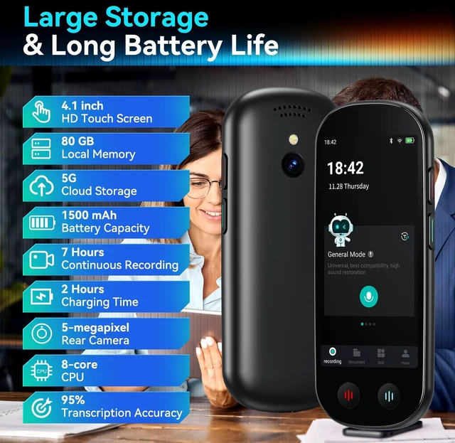 Alt view image 5 of 7 - AI Voice Recorder with Playback, Digital Voice Recorder with Unlimited Transcription, Summary, Translation, 80GB Voice to Text Meeting Recorder and Transcriber, AI Recorder for Lectures, Interviews