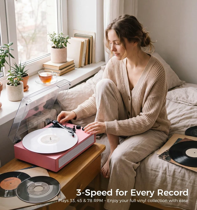 Alt view image 7 of 7 - Pink Bluetooth Record Player, 3-Speed Belt Drive Turntable Stylish pink design with Bluetooth, dual stereo speakers, 3-speed playback, auto stop, AUX, RCA and headphone jack