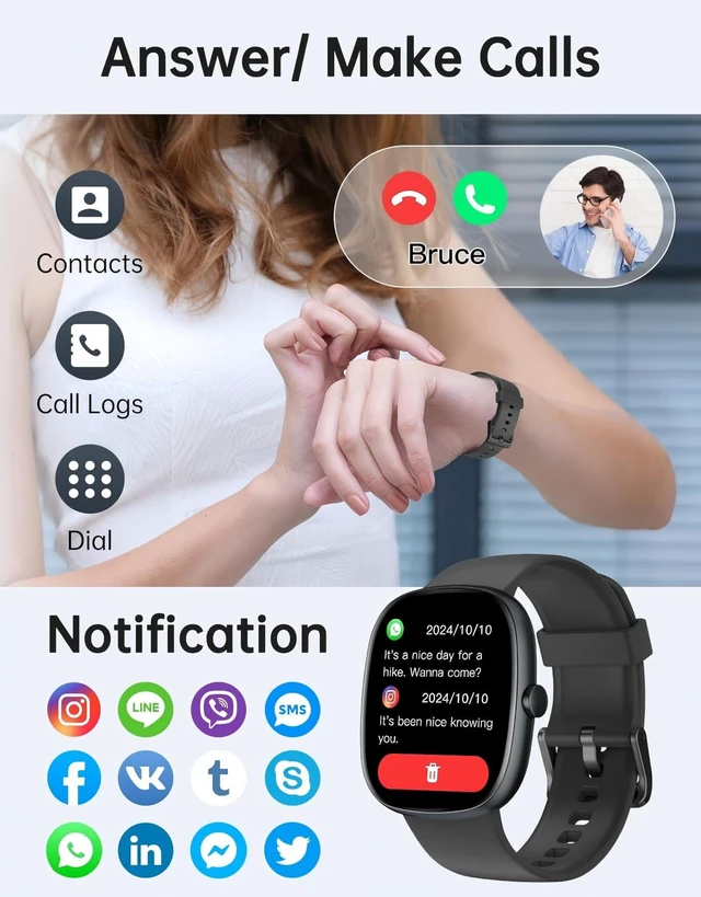 Alt view image 2 of 7 - Smart Watch for Women Men, Bluetooth Call, for iPhone/Android Black 1.85" HD, Fitness Tracker Watch, Heart Rate/Sleep/Stress Monitor, Step/Calories Counter, 100+ Sport Types, IP68 Waterproof