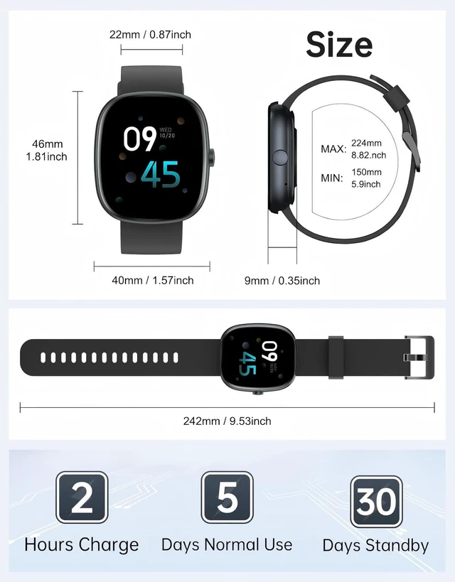 Alt view image 7 of 7 - Smart Watch for Women Men, Bluetooth Call, for iPhone/Android Black 1.85" HD, Fitness Tracker Watch, Heart Rate/Sleep/Stress Monitor, Step/Calories Counter, 100+ Sport Types, IP68 Waterproof