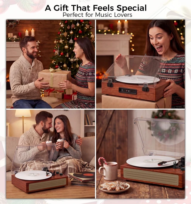 Alt view image 7 of 7 - Walnut Bluetooth Record Player, Vintage 3-Speed Turntable Warm walnut wood style with Bluetooth, 3-speed playback, stereo speakers, belt-drive design and vintage home decor appeal