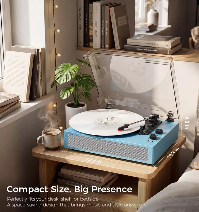 Alt view image 7 of 7 - Sea Blue Bluetooth Record Player, Vintage 3-Speed Turntable Stylish sea blue design with Bluetooth, 3-speed belt-drive, stereo speakers, auto stop, AUX, RCA and headphone jack