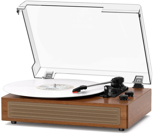 Main image of Wood Finish Bluetooth Record Player, 3-Speed Turntable Classic wood finish with Bluetooth, 3-speed playback, stereo speakers, auto stop, AUX input and RCA output for home decor