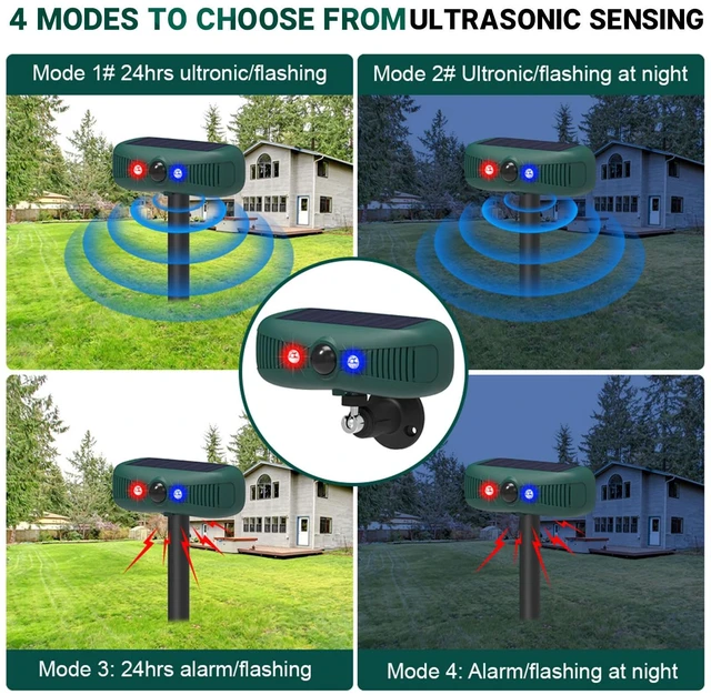 Alt view image 4 of 7 - 4 Pcs Solar Outdoor Alarm Motion Sensor 129dB Security Siren Sound Detector Strobe Light, 4 Modes Animal Deterrent Dog Barking Waterproof Alarm for Home, Farm