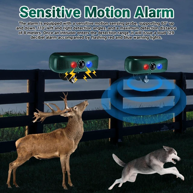 Alt view image 5 of 7 - 4 Pcs Solar Outdoor Alarm Motion Sensor 129dB Security Siren Sound Detector Strobe Light, 4 Modes Animal Deterrent Dog Barking Waterproof Alarm for Home, Farm