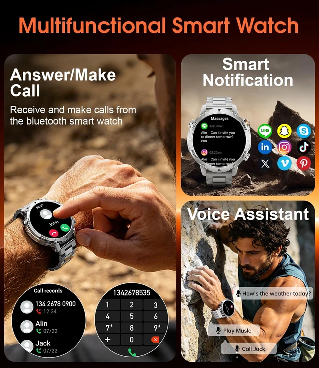 Alt view image 3 of 7 - 1400mAh Military Smart Watches for Men,1.7'' HD Fitness Smartwatch with Answer/Make Calls, Heart Rate, SpO2 Monitor,Sleep Tracker,120+Sports Mode,5ATM Waterproof Smart watch for Android iPhone Silver