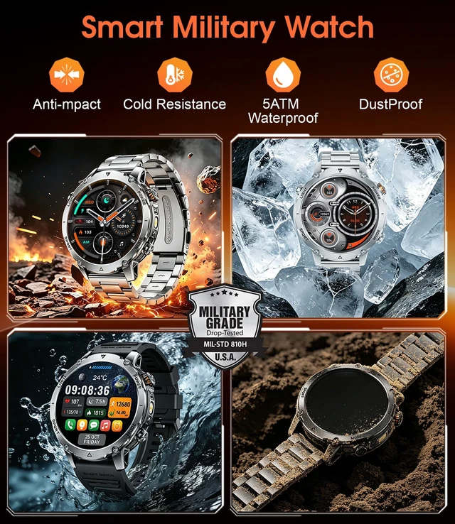 Alt view image 7 of 7 - 1400mAh Military Smart Watches for Men,1.7'' HD Fitness Smartwatch with Answer/Make Calls, Heart Rate, SpO2 Monitor,Sleep Tracker,120+Sports Mode,5ATM Waterproof Smart watch for Android iPhone Silver