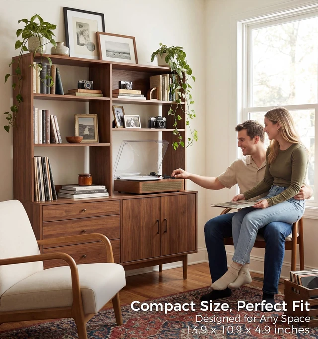 Alt view image 3 of 7 - Wood Finish Bluetooth Record Player, 3-Speed Turntable Classic wood finish with Bluetooth, 3-speed playback, stereo speakers, auto stop, AUX input and RCA output for home decor