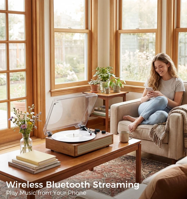 Alt view image 4 of 7 - Wood Finish Bluetooth Record Player, 3-Speed Turntable Classic wood finish with Bluetooth, 3-speed playback, stereo speakers, auto stop, AUX input and RCA output for home decor