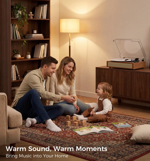 Alt view image 2 of 7 - Wood Finish Bluetooth Record Player, 3-Speed Turntable Classic wood finish with Bluetooth, 3-speed playback, stereo speakers, auto stop, AUX input and RCA output for home decor