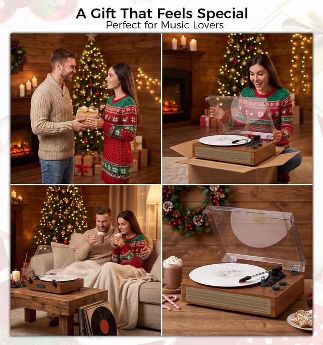 Alt view image 6 of 7 - Wood Finish Bluetooth Record Player, 3-Speed Turntable Classic wood finish with Bluetooth, 3-speed playback, stereo speakers, auto stop, AUX input and RCA output for home decor