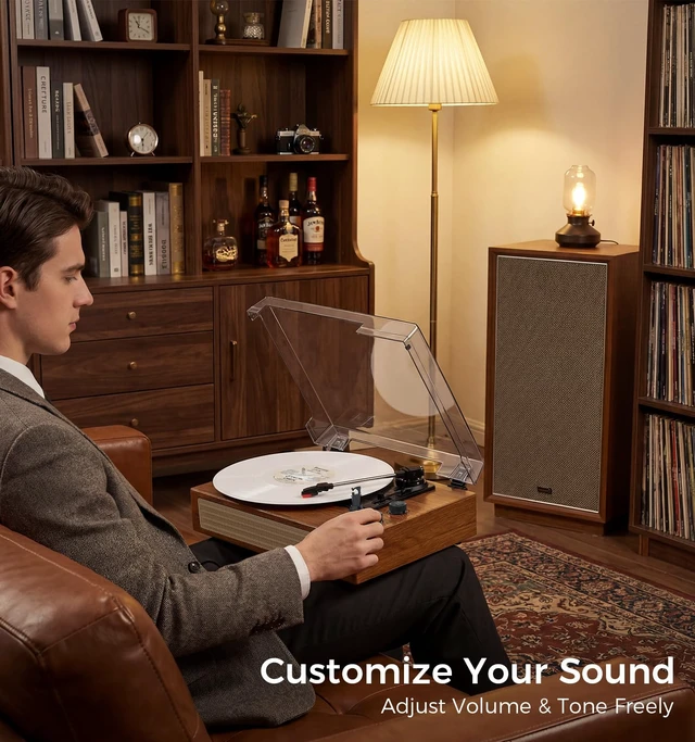 Alt view image 5 of 7 - Wood Finish Bluetooth Record Player, 3-Speed Turntable Classic wood finish with Bluetooth, 3-speed playback, stereo speakers, auto stop, AUX input and RCA output for home decor
