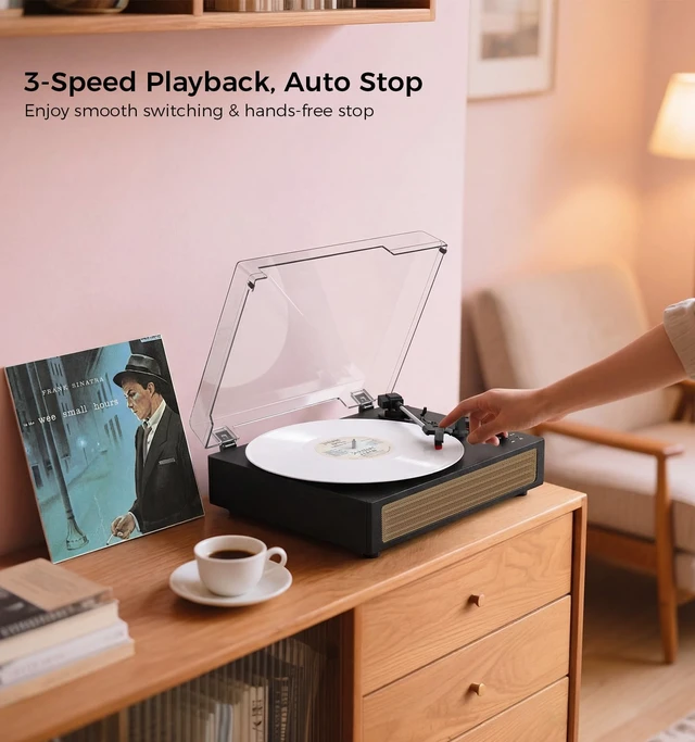 Alt view image 2 of 7 - Black Vintage Bluetooth Record Player, 3-Speed Turntable Classic black vintage style with belt-drive, Bluetooth, 3-speed playback, stereo speakers, auto stop, AUX and RCA output