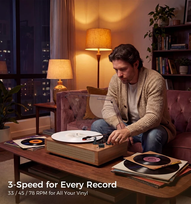 Alt view image 7 of 7 - Wood Finish Bluetooth Record Player, 3-Speed Turntable Classic wood finish with Bluetooth, 3-speed playback, stereo speakers, auto stop, AUX input and RCA output for home decor