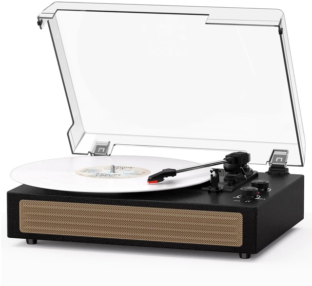 Main image of Black Vintage Bluetooth Record Player, 3-Speed Turntable Classic black vintage style with belt-drive, Bluetooth, 3-speed playback, stereo speakers, auto stop, AUX and RCA output