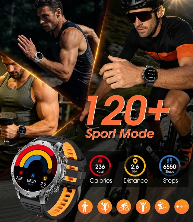 Alt view image 6 of 7 - 1400mAh Military Smart Watches for Men,1.7'' HD Fitness Smartwatch with Answer/Make Calls, Heart Rate, SpO2 Monitor,Sleep Tracker,120+Sports Mode,5ATM Waterproof Smart watch for Android iPhone Black