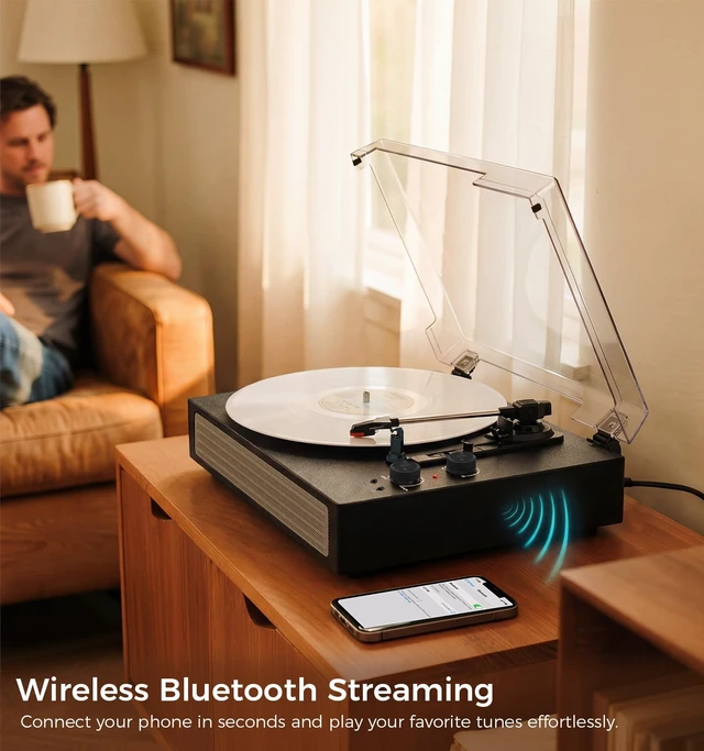 Alt view image 6 of 7 - Black Vintage Bluetooth Record Player, 3-Speed Turntable Classic black vintage style with belt-drive, Bluetooth, 3-speed playback, stereo speakers, auto stop, AUX and RCA output