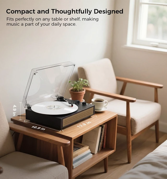 Alt view image 5 of 7 - Black Vintage Bluetooth Record Player, 3-Speed Turntable Classic black vintage style with belt-drive, Bluetooth, 3-speed playback, stereo speakers, auto stop, AUX and RCA output