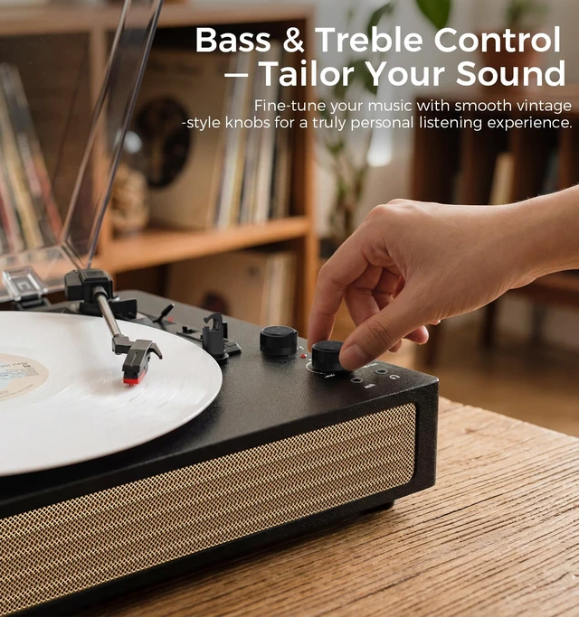 Alt view image 7 of 7 - Black Vintage Bluetooth Record Player, 3-Speed Turntable Classic black vintage style with belt-drive, Bluetooth, 3-speed playback, stereo speakers, auto stop, AUX and RCA output