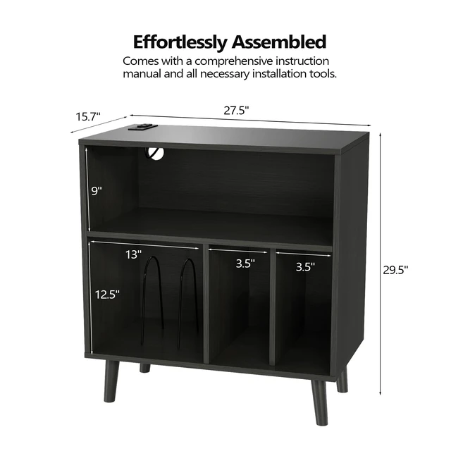 Alt view image 2 of 7 - Record Player Stand with Open Vinyl Storage, Mid-Century Album Storage Table with LED Light up to 300 Albums, Vinyl Record Player Shelf with Power Outlet for Living Room, Black