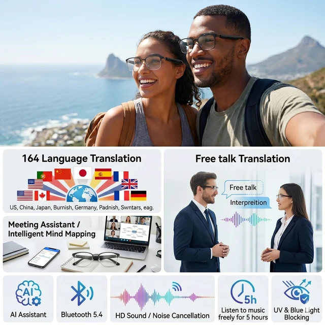 Alt view image 2 of 7 - Ai Smart Glasses Bluetooth 5.4 with Translation for Men Women 160+Languages Color-Change Lens Chat GPT Assistant Free App Translator Glasses Meeting,Driver,Travel