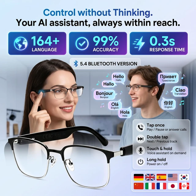 Alt view image 3 of 7 - Ai Smart Glasses Bluetooth 5.4 with Translation for Men Women 160+Languages Color-Change Lens Chat GPT Assistant Free App Translator Glasses Meeting,Driver,Travel