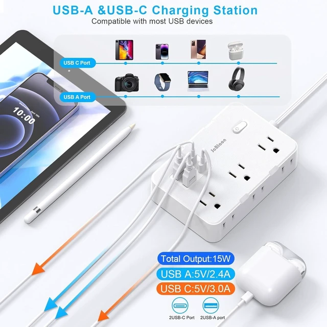 Alt view image 2 of 7 - Power Strip Surge Protector, 5 Ft Cord Ultra Thin Flat Extension Cord-6 AC Outlets 4 USB Ports (2 USB C), Travel Power Strip, Desk Charging Station for Home Office, White