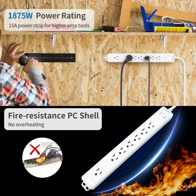 Alt view image 4 of 7 - Extension Cord 25 ft, Long Surge Protector, 15A Heavy Duty Extension Cord, Wall Mount, 7 Outlets Power Strip Flat Plug for Kitchen Home Office Workbench, White, 1080 J