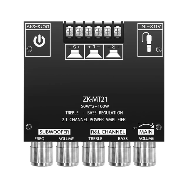 Alt view image 2 of 7 - ZK-MT21 2.1 Channel Bluetooth Amplifier Board Mini 12V-24V Audio Amplifier with Subwoofer Output, Bass Treble Control 50W+50W+100W DIY HiFi Home TV Amp for Passive Speakers