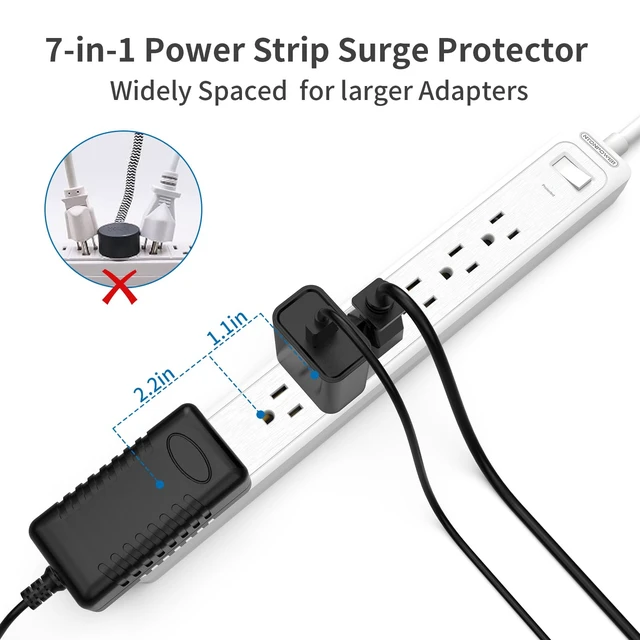 Alt view image 6 of 7 - Extension Cord 25 ft, Long Surge Protector, 15A Heavy Duty Extension Cord, Wall Mount, 7 Outlets Power Strip Flat Plug for Kitchen Home Office Workbench, White, 1080 J