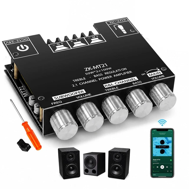 Main image of ZK-MT21 2.1 Channel Bluetooth Amplifier Board Mini 12V-24V Audio Amplifier with Subwoofer Output, Bass Treble Control 50W+50W+100W DIY HiFi Home TV Amp for Passive Speakers
