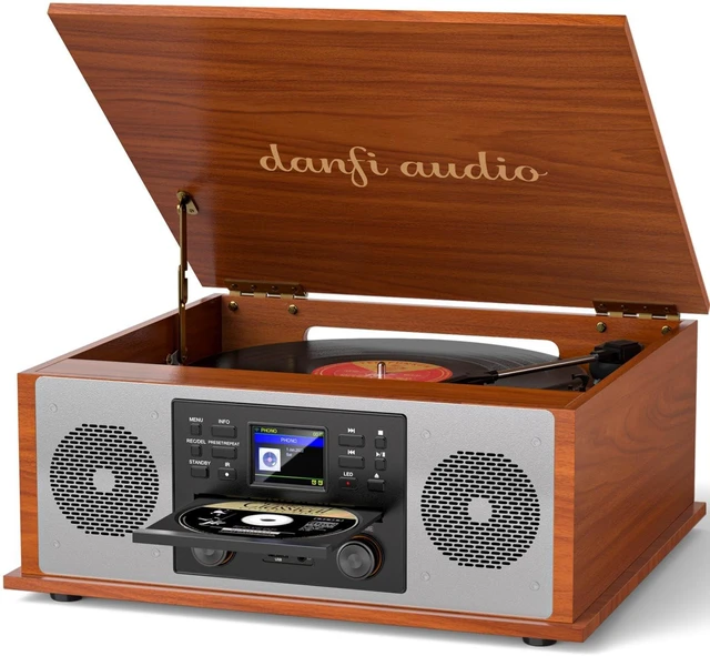Main image of 10 in 1 Record Player Multimedia with Speakers, CD Player, Bluetooth Receiver, Internet Radio, USB Recording, 3-Speed Turntable, Alarm Clock, Sleep Timer, RCA Line Out, Red Wood Music Center