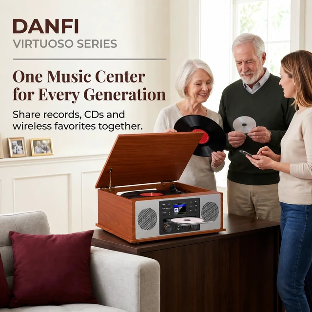 Alt view image 4 of 7 - 10 in 1 Record Player Multimedia with Speakers, CD Player, Bluetooth Receiver, Internet Radio, USB Recording, 3-Speed Turntable, Alarm Clock, Sleep Timer, RCA Line Out, Red Wood Music Center