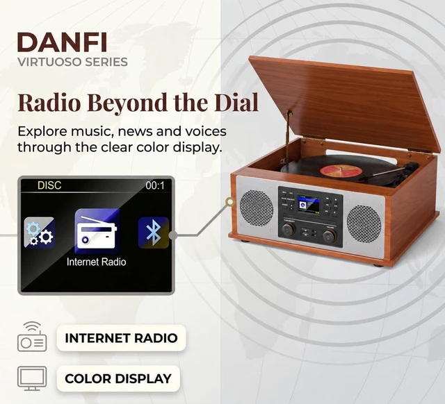 Alt view image 3 of 7 - 10 in 1 Record Player Multimedia with Speakers, CD Player, Bluetooth Receiver, Internet Radio, USB Recording, 3-Speed Turntable, Alarm Clock, Sleep Timer, RCA Line Out, Red Wood Music Center