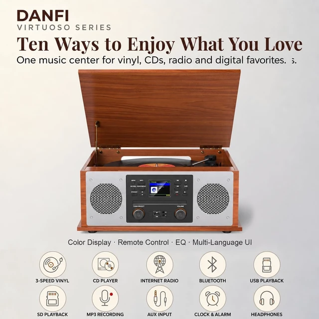 Alt view image 5 of 7 - 10 in 1 Record Player Multimedia with Speakers, CD Player, Bluetooth Receiver, Internet Radio, USB Recording, 3-Speed Turntable, Alarm Clock, Sleep Timer, RCA Line Out, Red Wood Music Center