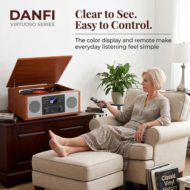 Alt view image 2 of 7 - 10 in 1 Record Player Multimedia with Speakers, CD Player, Bluetooth Receiver, Internet Radio, USB Recording, 3-Speed Turntable, Alarm Clock, Sleep Timer, RCA Line Out, Red Wood Music Center